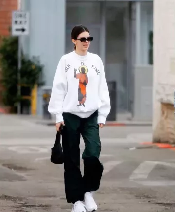 Adidas Originals EQT Gazelle Sneak­ers in Triple White worn by Kendall Jenner Beverly Hills December 29, 2019
