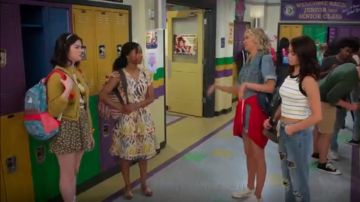 Short sleeve multi colored printed midi dress worn by Reagan (Iman Benson) in Alexa & Katie Season 3 Episode 1