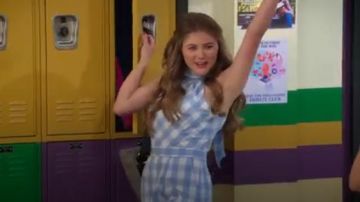 Blue gingham printed halter jumpsuit worn by Gwenny (Kerri Medders) in Alexa & Katie Season 3 Episode 1