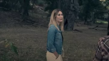 Blue denim jacket worn by Josie Buhrman (Lizzy Caplan) in Truth Be Told Season 1 Episode 7