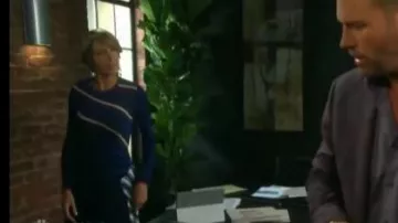 Opening Ceremony Asym­met­ric Striped Mi­di Dress worn by Nicole Walker (Arianne Zucker) as seen on Days of Our Lives January 7, 2020