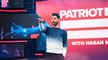 Blue white ombre sweater of Himself - Host (Hasan Minhaj) in Patriot Act with Hasan Minhaj (S03E02)