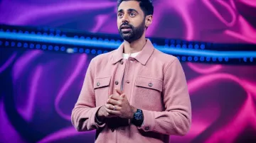 Pink short jacket worn by Hasan Minhaj in Patriot Act with Hasan Minhaj (S05E03)