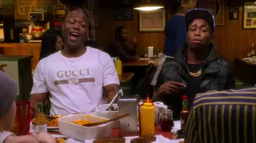 Gucci white logo t-shirt worn by Darrell (Kevin Daniels) as seen in AJ and the Queen (S01E07)