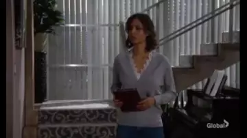 Rebecca taylor Grey Lace-Trim Sweater worn by Elena Dawson (Brytni Sarpy) as seen on The Young and the Restless January 13, 2020