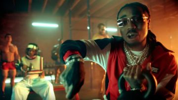 Burberry Red logo appliqué track jacket of Quavo in the music video Rich The Kid - That's Tuff ft. Quavo