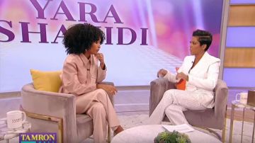 Nanushka Ed­dy Faux Leather Shirt worn by Yara Shahidi on Tamron Hall Show January 15, 2020