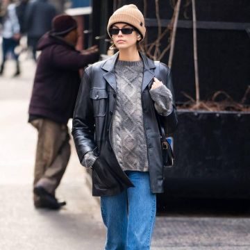 Vintage Black Leather Jacket similar to one worn by Kaia Jordan Gerber