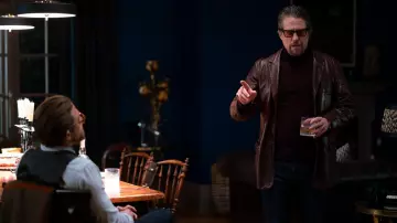 Brown Leather Blazer jacket worn by Fletcher (Hugh Grant) in The Gentlemen movie outfits