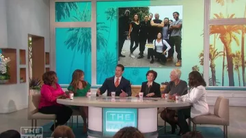 Theory Crepe Pol­ka Dot Shirt worn by Sharon Osbourne on The Talk January 17, 2020