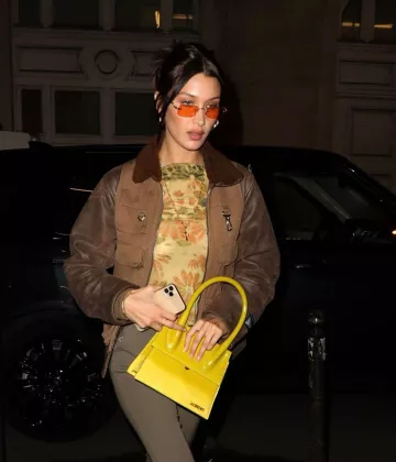 Reese Cooper Leather Util­i­ty Vest Jack­et worn by Bella Hadid Lanvin Fittings in Paris January 18, 2020