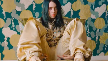 Guc­ci-mens-ani­me-graph­ic-short-sleeve-silk-shirt worn by Billie Eilish in Billie Eilish - Funny Moments