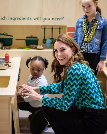 Tabitha Webb Pan­sy Pussy­bow in Green Chevron worn by Catherine, Duchess of Cambridge Thinktank Birmingham January 21, 2020