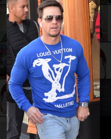 Louis Vuitton Lv Scribbles Intarsia Crewneck worn by  Mark Wahlberg Beverly Hills January 22, 2020
