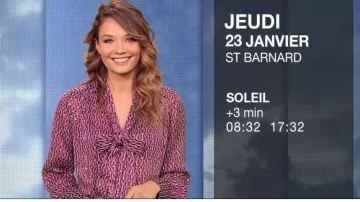 La chemise manches longues imprimé chaines bordeaux de Gennifer Demey dans Météo de M6 le 22.01.2020