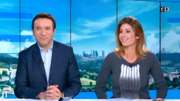 Le pull gris à plastron en fourrure sur le devant de Caroline Ithurbide dans William à midi du 28 01 2020