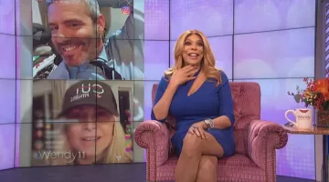 Boston Proper Blue Asym­met­ric Cutout Dress worn by Wendy Williams on The Wendy Williams Show January 28, 2020