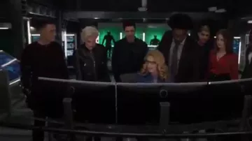 Black Leather Bomber Jacket worn by Laurel Lance (Katie Cassidy) in Arrow Season 8 Episode 10