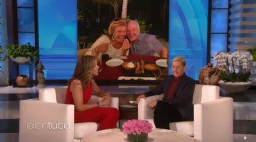 Gardenia Red Mock Neck Jump­suit worn by Hoda Kotb on The Ellen Show January 29, 2020