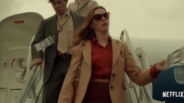Camel wool coat of Anne Hathaway in THE LAST THING HE WANTED Trailer (2020) Anne Hathaway, Ben Affleck