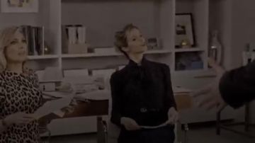 Blue & Red Dot Neck Tie Blouse worn by Mallory Hanson (Brooklyn Decker) in Grace and Frankie Season 6 Episode 8