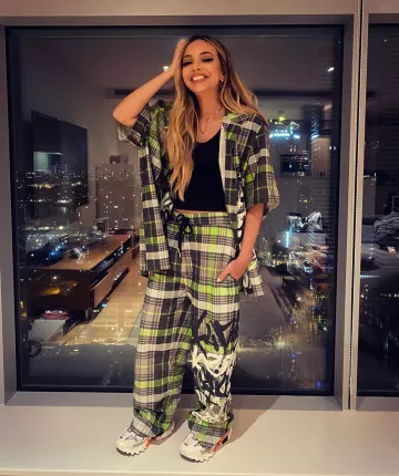 Jaded London Co Ord Revere Collar Shirt In Neon Green Check With Graffiti of Jade Thirlwall on the Instagram account @jadethirlwall February 3, 2020