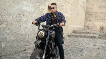 Triumph Scrambler 1200 XE motorcyle driven by Primo (Dali Benssalah) as seen on the set of No Time to Die