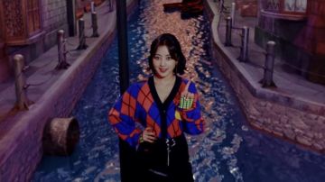 V-Neck Ar­gyle Cardi­gan For Women worn by JIHYO in the music video TWICE "YES or YES" M/V