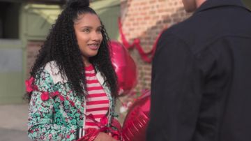 Green Floral Satin Jacket of Zoe (Jaylen Barron) in Free Rein: Valentine's Day