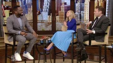 Cedric charlier Blue Pleat­ed Leather Skirt worn by Kelly Ripa on LIVE with Kelly and Ryan February 11, 2020