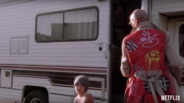 Red and Khaki "Magic Fire" trench coat worn by Ruby Red (RuPaul) as seen in AJ and the Queen (Season 1)