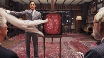 Double breasted suit in grey worn by Julian Cadazio (Adrien Brody) as seen in The French Dispatch of the Liberty, Kansas Evening Sun