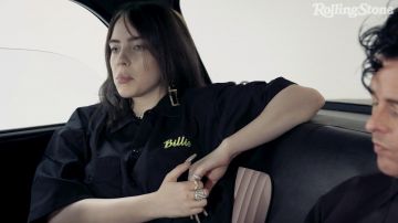 Merch "Billie" black shirt worn by Billie Eilish in Billie Eilish and Billie Joe Armstrong Are Big Fans of Each Other | Musicians on Musicians video by RollingStone