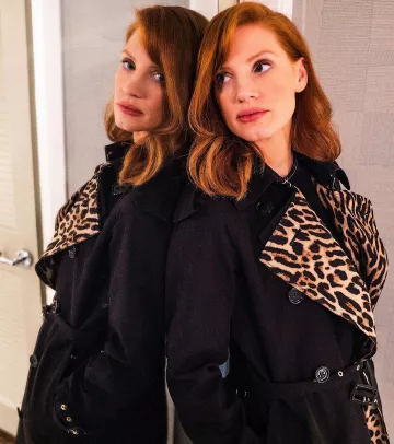 Burberry coat worn by Jessica Chastain on the Instagram account @jessicachastain