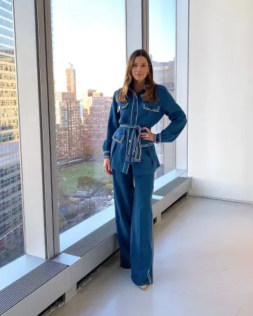 Fendi blue pants worn by Jessica Biel on the Instagram account @jessicabiel