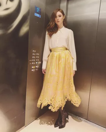 Zimmermann Brightside Rouleaux Skirt worn by Karen Gillan on the Instagram account @karengillanofficial