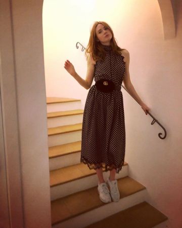 Runway Marc Jacobs Lace-trimmed ruffled polka-dot silk dress worn by Karen Gillan on the Instagram account @karengillanofficial