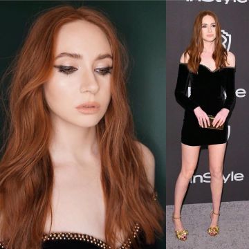 J. MENDEL Velvet Off-The-Shoulder Mini Black Dress worn by Karen Gillan on the Instagram account @karengillanofficial
