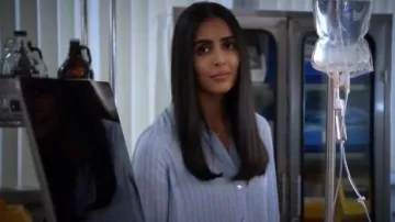 Stripe Silk Blouse worn by Saanvi Bahl (Parveen Kaur) in Manifest Season 2 Episode 7