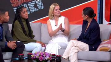 Alice + olivia White Jump­suit worn by Sara Haines on Good Morning America February 19, 2020