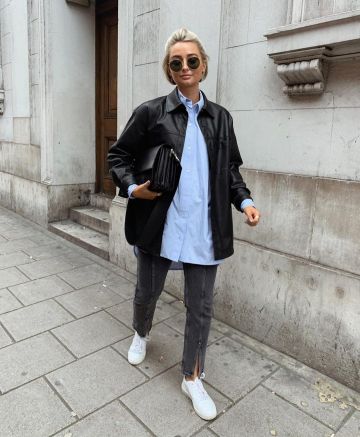 Chaqueta de camisa de cuero de Olivia Rose en la cuenta de Instagram @oliviarosesmithx