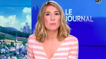 Le pull col V droit à rayures en maille fine pêche de Caroline Delage dans William à midi le 10.02.2020
