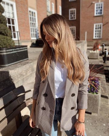 Mango Dou­ble-breast­ed check suit blaz­er of Charlotte Rose on the Instagram account @modelmouth