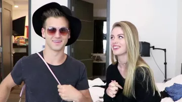 Ray Ban Aviator Pink Sunglasses worn by Tal Fishman in the YouTube video Switching CREDIT CARDS With My BOYFRIEND ft. Tal Fishman