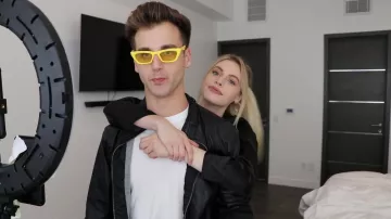 Small Yellow Retro Sunglasses worn by Tal Fishman in the YouTube video Recreating VIRAL Couples Tik Toks ft. My Boyfriend (Tal Fishman)