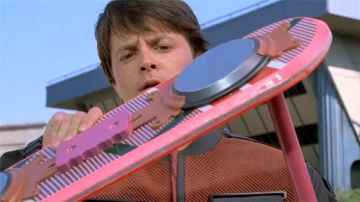 Hoverboard with handlebar Marlene McFly (Michael J. Fox) in Back to the future II