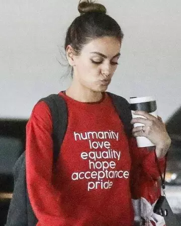 Sub_Urban Riot Pride List Crew Neck Sweat­shirt worn by Mila Kunis Target March 2, 2020