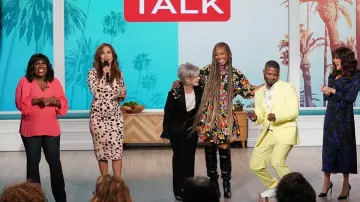 Versace Sin­gle Breast Gabardin Jaxket worn by Sharon Osbourne on The Talk March 4, 2020