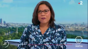 La camisa fluida estampada azul de Karine Baste Regis en Télématin el 06.02.2020
