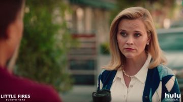 Pringle of Scotland Blue Argyle Cardigan worn by Elena Richardson (Reese Witherspoon) in Little Fires Everywhere (Season 1)